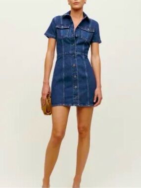 Reformation Dark Blue Denim Button-Front Mini Dress